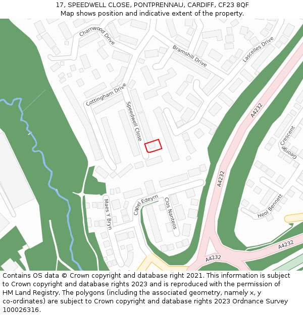 17, SPEEDWELL CLOSE, PONTPRENNAU, CARDIFF, CF23 8QF: Location map and indicative extent of plot