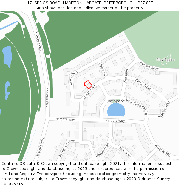 17, SPRIGS ROAD, HAMPTON HARGATE, PETERBOROUGH, PE7 8FT: Location map and indicative extent of plot