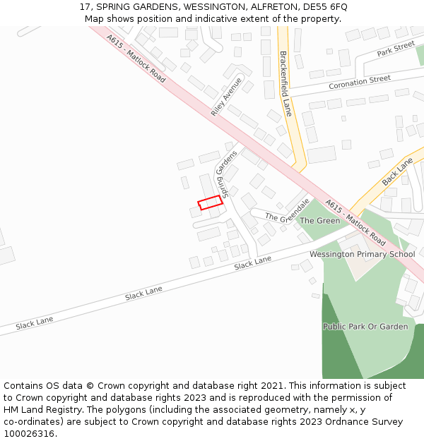 17, SPRING GARDENS, WESSINGTON, ALFRETON, DE55 6FQ: Location map and indicative extent of plot