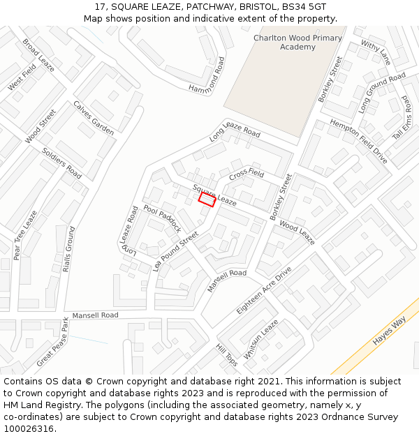 17, SQUARE LEAZE, PATCHWAY, BRISTOL, BS34 5GT: Location map and indicative extent of plot