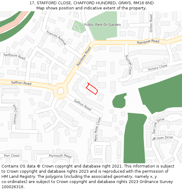 17, STAFFORD CLOSE, CHAFFORD HUNDRED, GRAYS, RM16 6ND: Location map and indicative extent of plot