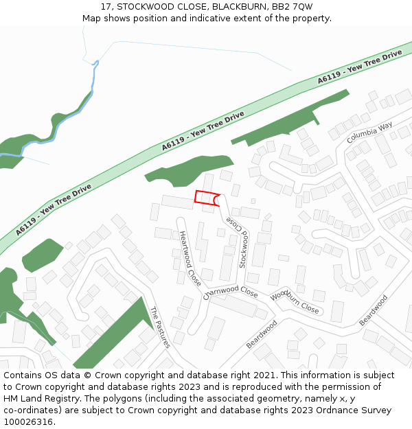 17, STOCKWOOD CLOSE, BLACKBURN, BB2 7QW: Location map and indicative extent of plot
