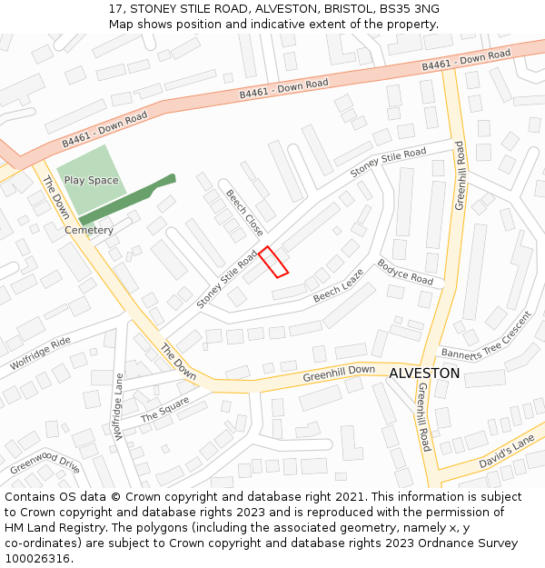 17, STONEY STILE ROAD, ALVESTON, BRISTOL, BS35 3NG: Location map and indicative extent of plot