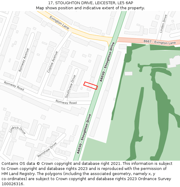 17, STOUGHTON DRIVE, LEICESTER, LE5 6AP: Location map and indicative extent of plot