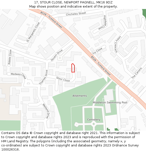 17, STOUR CLOSE, NEWPORT PAGNELL, MK16 9DZ: Location map and indicative extent of plot