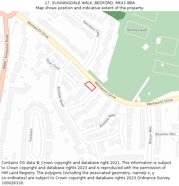 17, SUNNINGDALE WALK, BEDFORD, MK41 8BA: Location map and indicative extent of plot