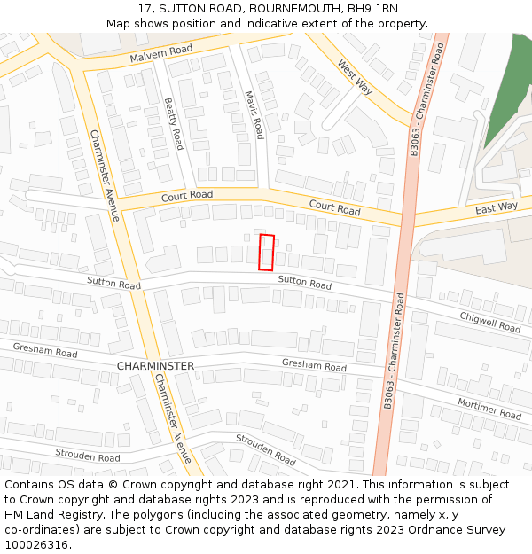 17, SUTTON ROAD, BOURNEMOUTH, BH9 1RN: Location map and indicative extent of plot
