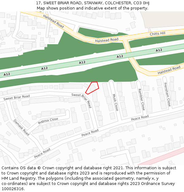 17, SWEET BRIAR ROAD, STANWAY, COLCHESTER, CO3 0HJ: Location map and indicative extent of plot