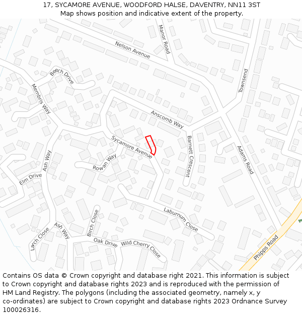 17, SYCAMORE AVENUE, WOODFORD HALSE, DAVENTRY, NN11 3ST: Location map and indicative extent of plot