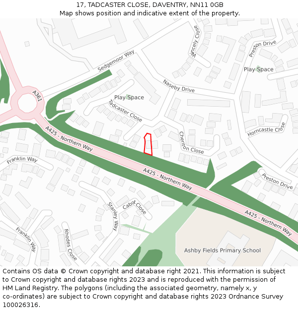 17, TADCASTER CLOSE, DAVENTRY, NN11 0GB: Location map and indicative extent of plot