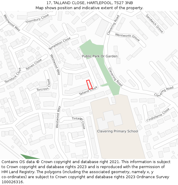 17, TALLAND CLOSE, HARTLEPOOL, TS27 3NB: Location map and indicative extent of plot