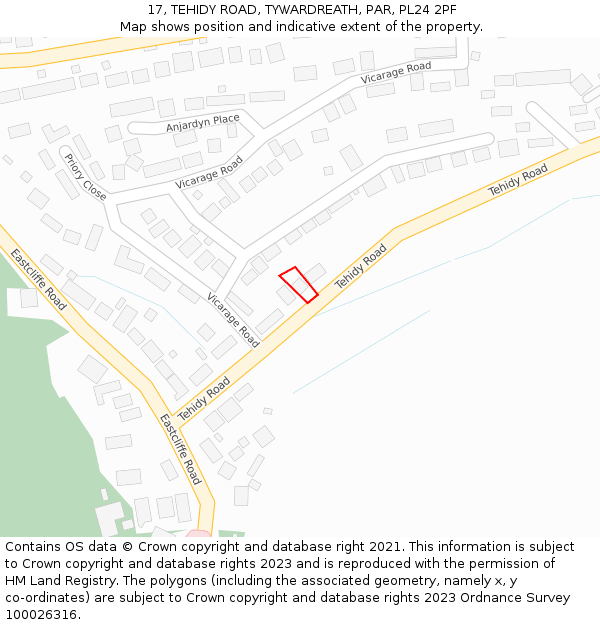 17, TEHIDY ROAD, TYWARDREATH, PAR, PL24 2PF: Location map and indicative extent of plot