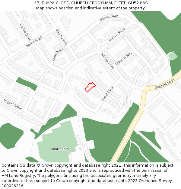 17, THAPA CLOSE, CHURCH CROOKHAM, FLEET, GU52 8AS: Location map and indicative extent of plot
