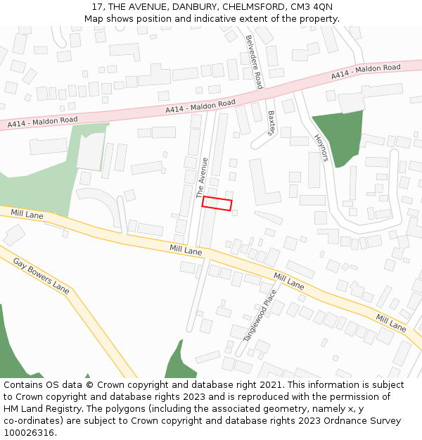 17, THE AVENUE, DANBURY, CHELMSFORD, CM3 4QN: Location map and indicative extent of plot