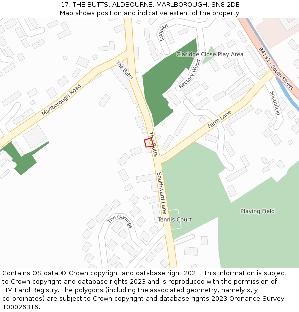 17, THE BUTTS, ALDBOURNE, MARLBOROUGH, SN8 2DE: Location map and indicative extent of plot