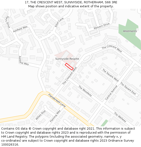17, THE CRESCENT WEST, SUNNYSIDE, ROTHERHAM, S66 3RE: Location map and indicative extent of plot