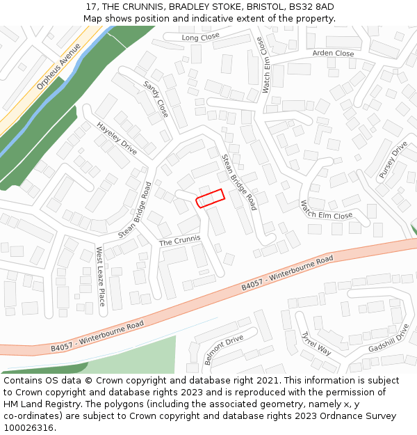 17, THE CRUNNIS, BRADLEY STOKE, BRISTOL, BS32 8AD: Location map and indicative extent of plot