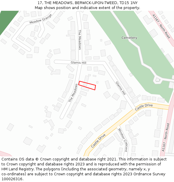 17, THE MEADOWS, BERWICK-UPON-TWEED, TD15 1NY: Location map and indicative extent of plot