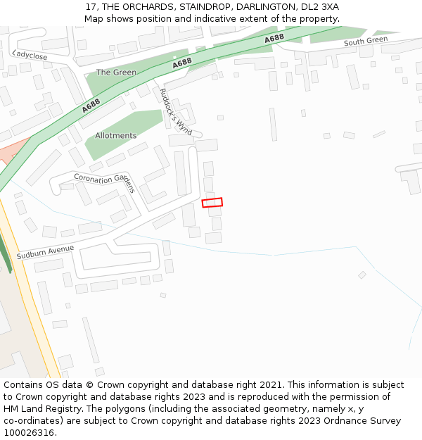 17, THE ORCHARDS, STAINDROP, DARLINGTON, DL2 3XA: Location map and indicative extent of plot