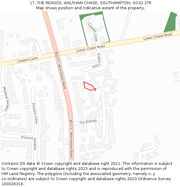 17, THE RIDINGS, WALTHAM CHASE, SOUTHAMPTON, SO32 2TR: Location map and indicative extent of plot