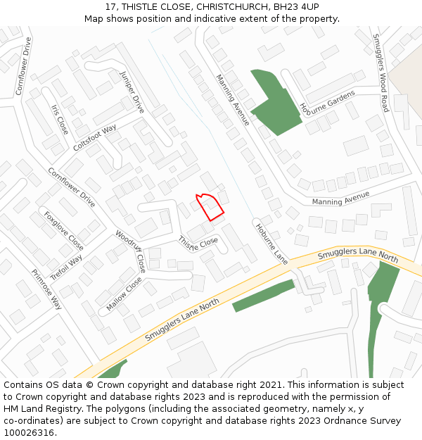 17, THISTLE CLOSE, CHRISTCHURCH, BH23 4UP: Location map and indicative extent of plot