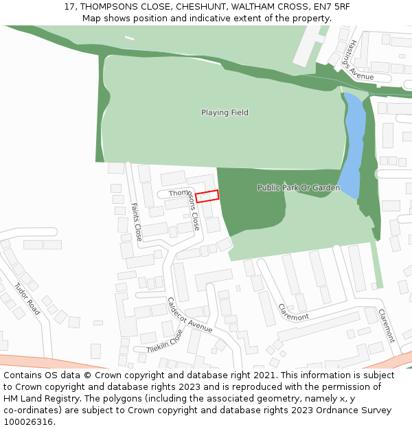 17, THOMPSONS CLOSE, CHESHUNT, WALTHAM CROSS, EN7 5RF: Location map and indicative extent of plot