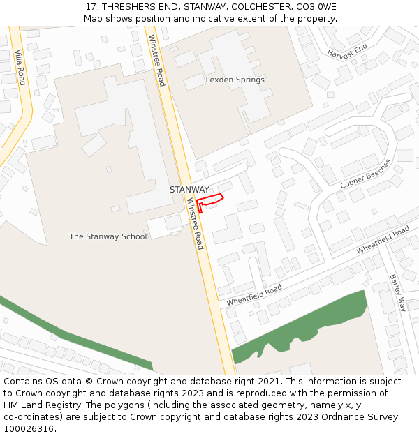 17, THRESHERS END, STANWAY, COLCHESTER, CO3 0WE: Location map and indicative extent of plot