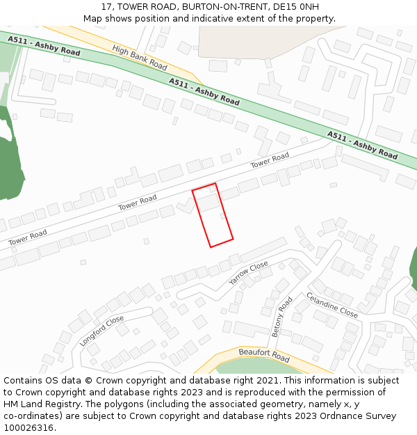 17, TOWER ROAD, BURTON-ON-TRENT, DE15 0NH: Location map and indicative extent of plot