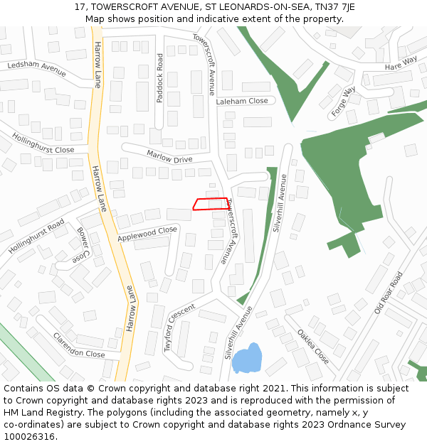 17, TOWERSCROFT AVENUE, ST LEONARDS-ON-SEA, TN37 7JE: Location map and indicative extent of plot