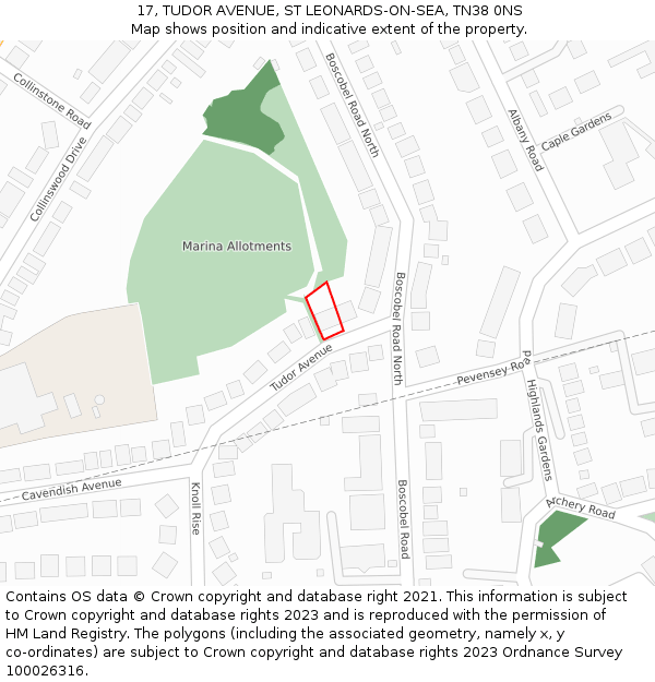 17, TUDOR AVENUE, ST LEONARDS-ON-SEA, TN38 0NS: Location map and indicative extent of plot