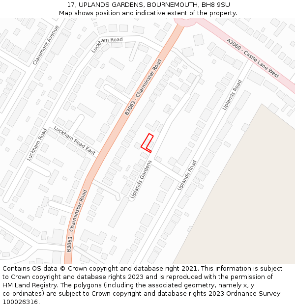 17, UPLANDS GARDENS, BOURNEMOUTH, BH8 9SU: Location map and indicative extent of plot