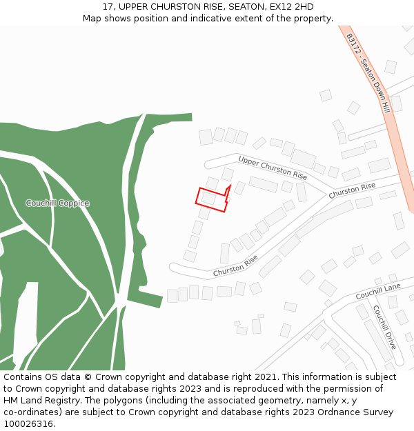 17, UPPER CHURSTON RISE, SEATON, EX12 2HD: Location map and indicative extent of plot