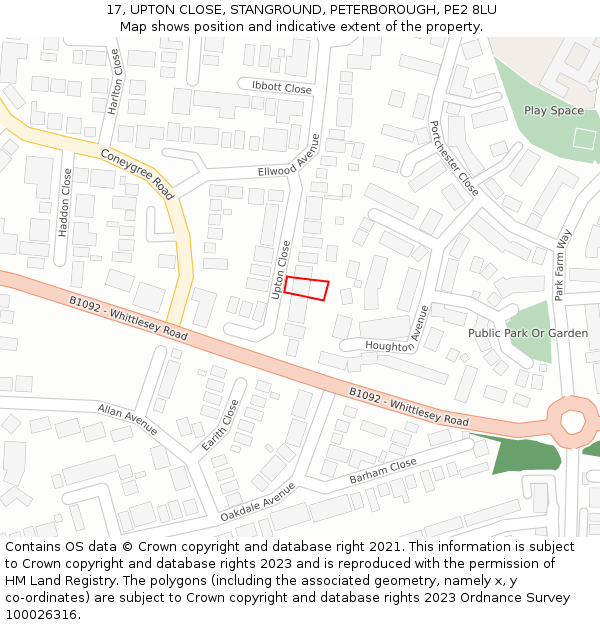 17, UPTON CLOSE, STANGROUND, PETERBOROUGH, PE2 8LU: Location map and indicative extent of plot