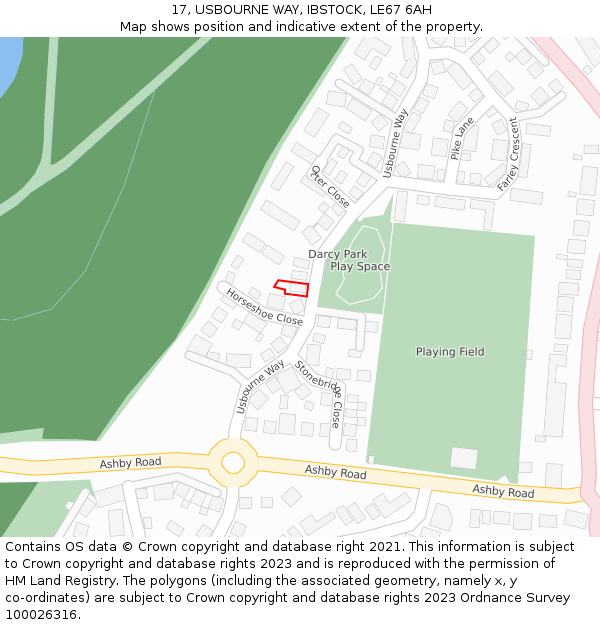 17, USBOURNE WAY, IBSTOCK, LE67 6AH: Location map and indicative extent of plot