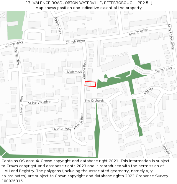 17, VALENCE ROAD, ORTON WATERVILLE, PETERBOROUGH, PE2 5HJ: Location map and indicative extent of plot
