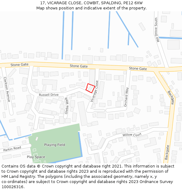 17, VICARAGE CLOSE, COWBIT, SPALDING, PE12 6XW: Location map and indicative extent of plot