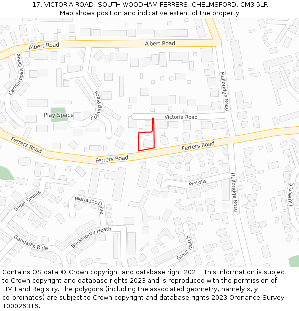 17, VICTORIA ROAD, SOUTH WOODHAM FERRERS, CHELMSFORD, CM3 5LR: Location map and indicative extent of plot