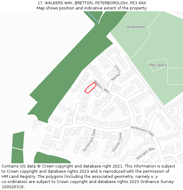 17, WALKERS WAY, BRETTON, PETERBOROUGH, PE3 9AX: Location map and indicative extent of plot