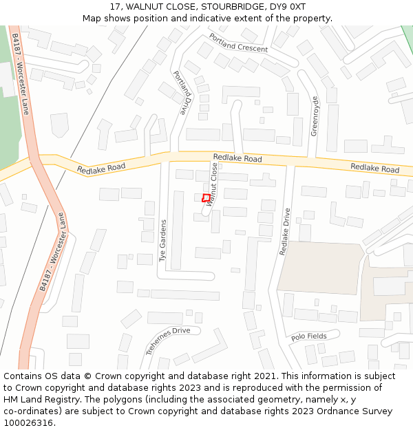 17, WALNUT CLOSE, STOURBRIDGE, DY9 0XT: Location map and indicative extent of plot