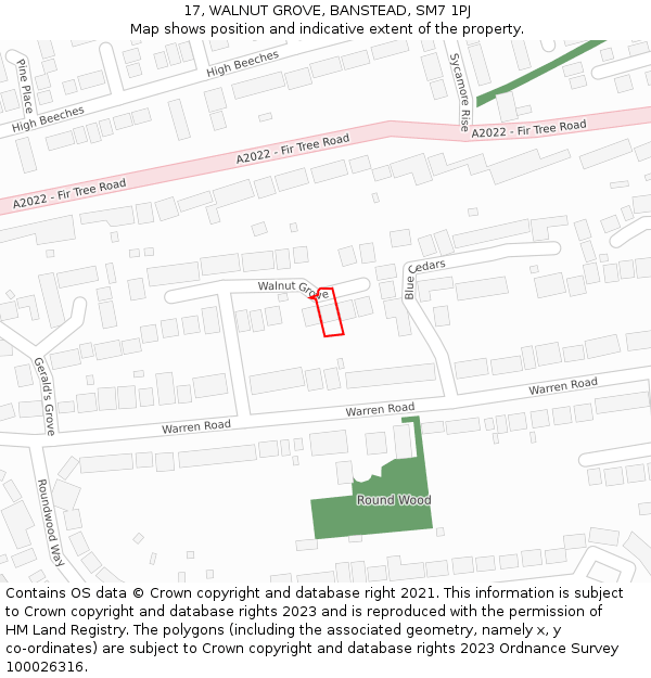 17, WALNUT GROVE, BANSTEAD, SM7 1PJ: Location map and indicative extent of plot