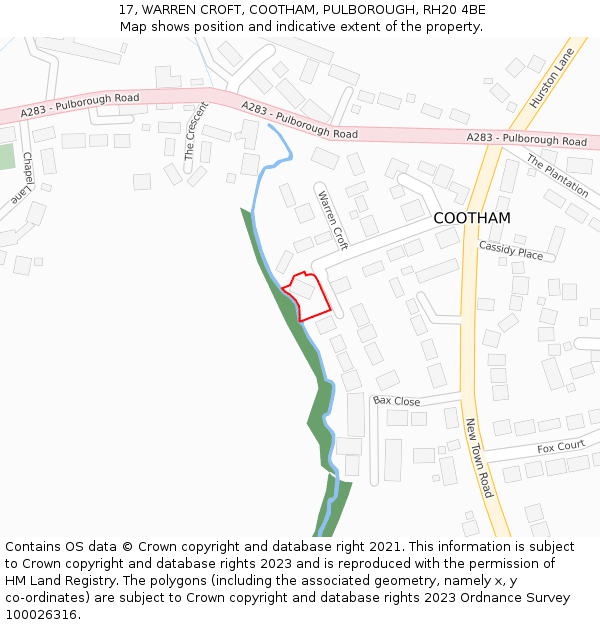 17, WARREN CROFT, COOTHAM, PULBOROUGH, RH20 4BE: Location map and indicative extent of plot