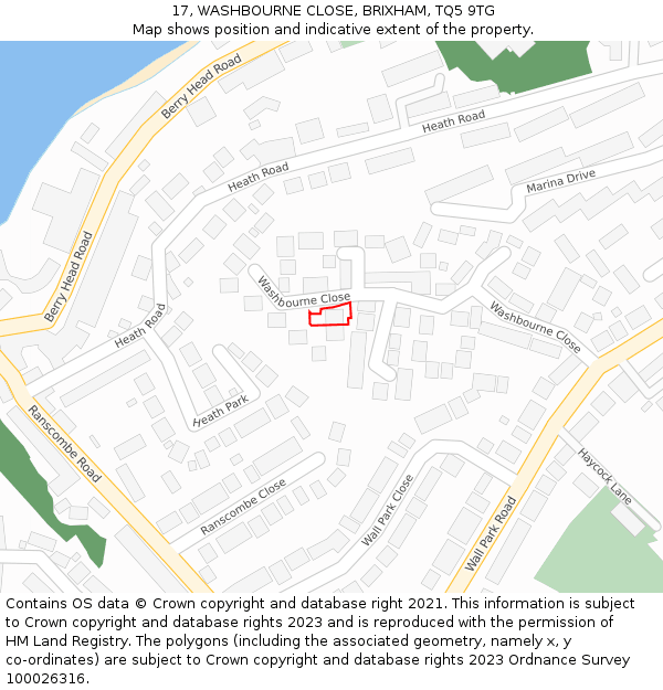 17, WASHBOURNE CLOSE, BRIXHAM, TQ5 9TG: Location map and indicative extent of plot