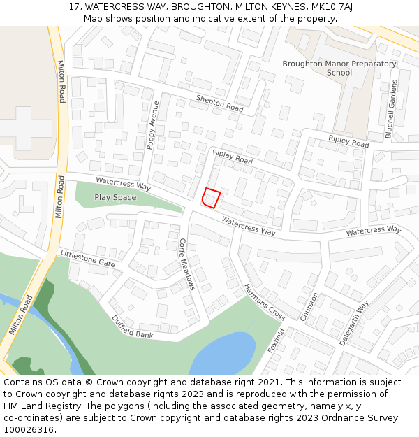 17, WATERCRESS WAY, BROUGHTON, MILTON KEYNES, MK10 7AJ: Location map and indicative extent of plot