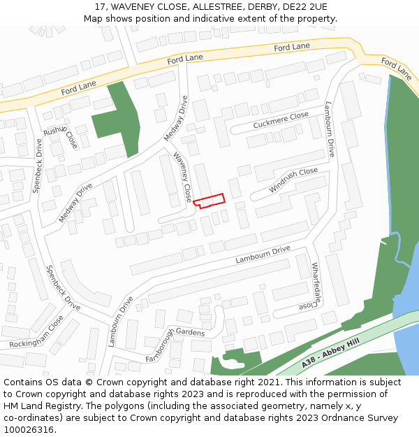 17, WAVENEY CLOSE, ALLESTREE, DERBY, DE22 2UE: Location map and indicative extent of plot