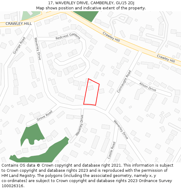 17, WAVERLEY DRIVE, CAMBERLEY, GU15 2DJ: Location map and indicative extent of plot