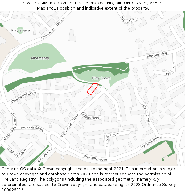 17, WELSUMMER GROVE, SHENLEY BROOK END, MILTON KEYNES, MK5 7GE: Location map and indicative extent of plot