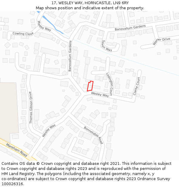 17, WESLEY WAY, HORNCASTLE, LN9 6RY: Location map and indicative extent of plot