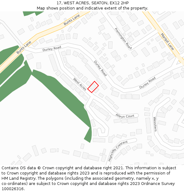 17, WEST ACRES, SEATON, EX12 2HP: Location map and indicative extent of plot