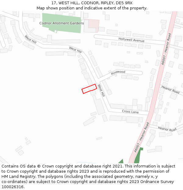 17, WEST HILL, CODNOR, RIPLEY, DE5 9RX: Location map and indicative extent of plot