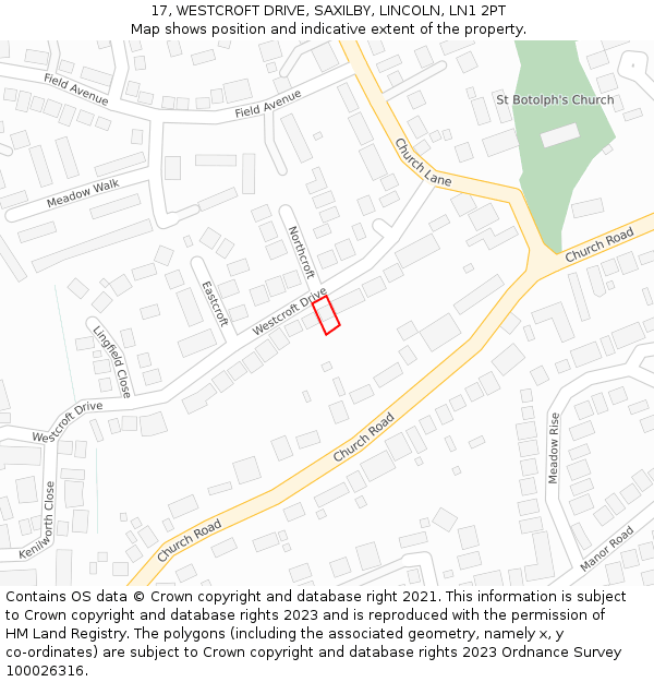 17, WESTCROFT DRIVE, SAXILBY, LINCOLN, LN1 2PT: Location map and indicative extent of plot